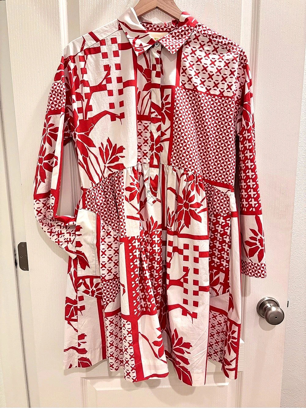 Maeve Anthropologie Red White Patchwork Floral Cotton Shirt Dress S NEW